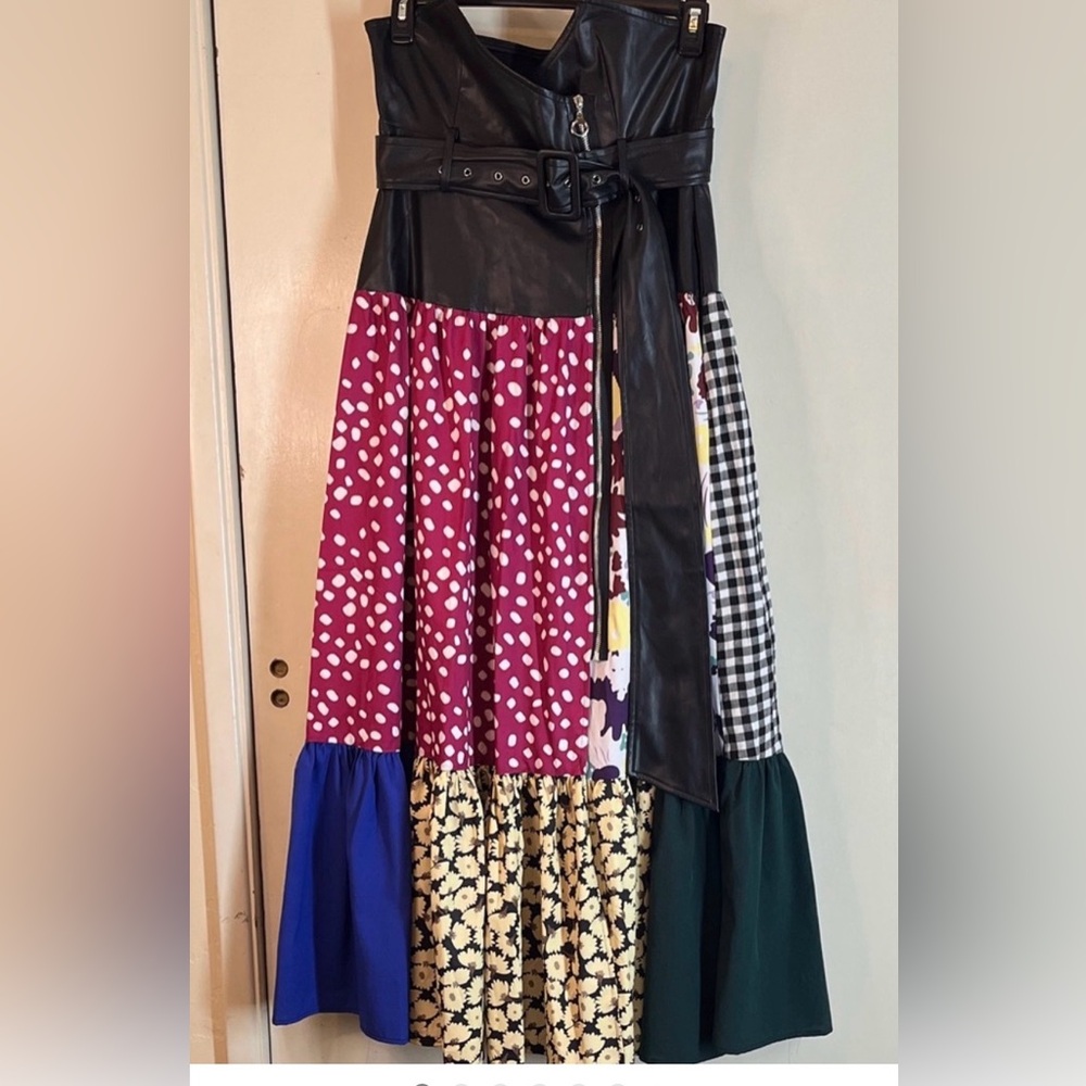 TOV Patchwork Maxi Dress with Black Faux Leather Bodice